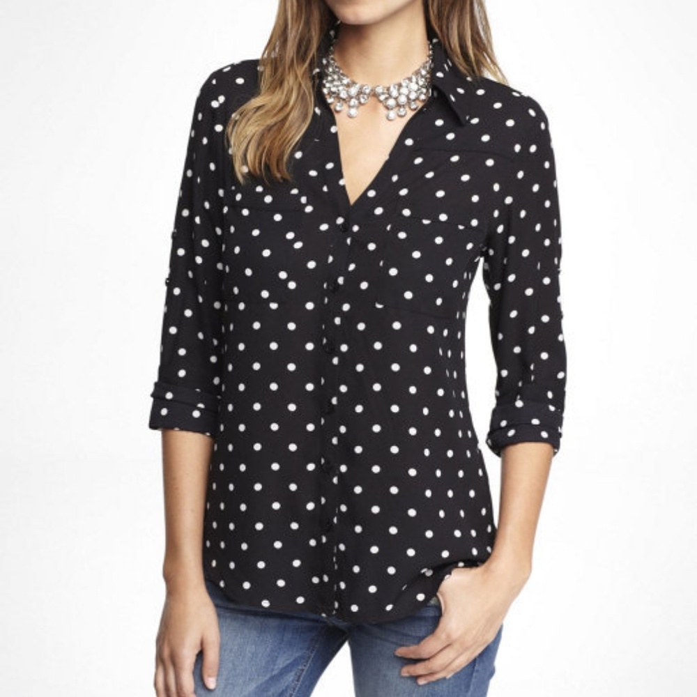 Express Black White Polkadot Button Down Shirt